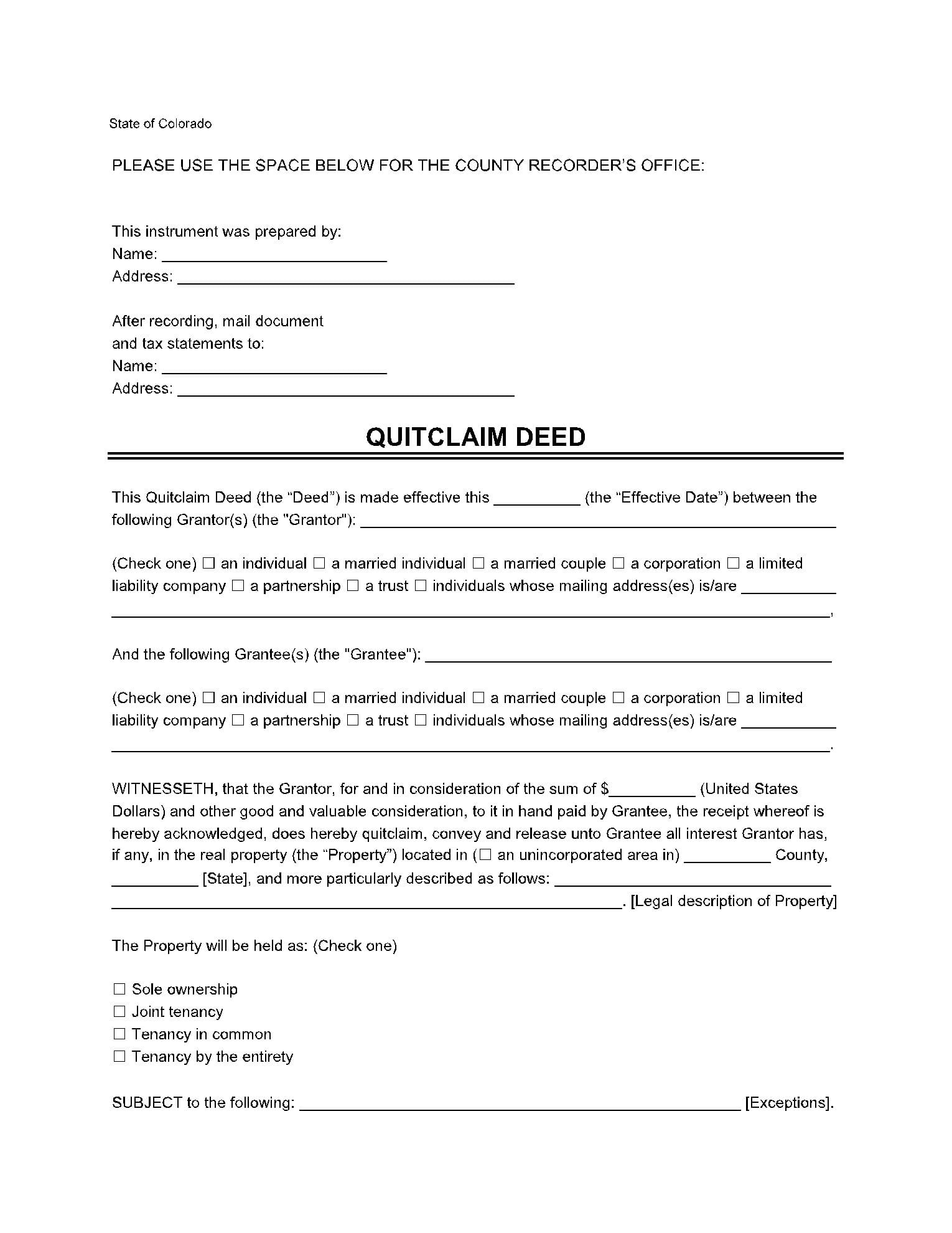 Colorado Quitclaim Deed Form