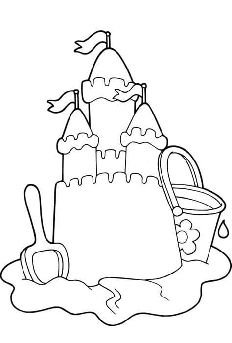 Girl making sand castle summer holiday coloring page vector