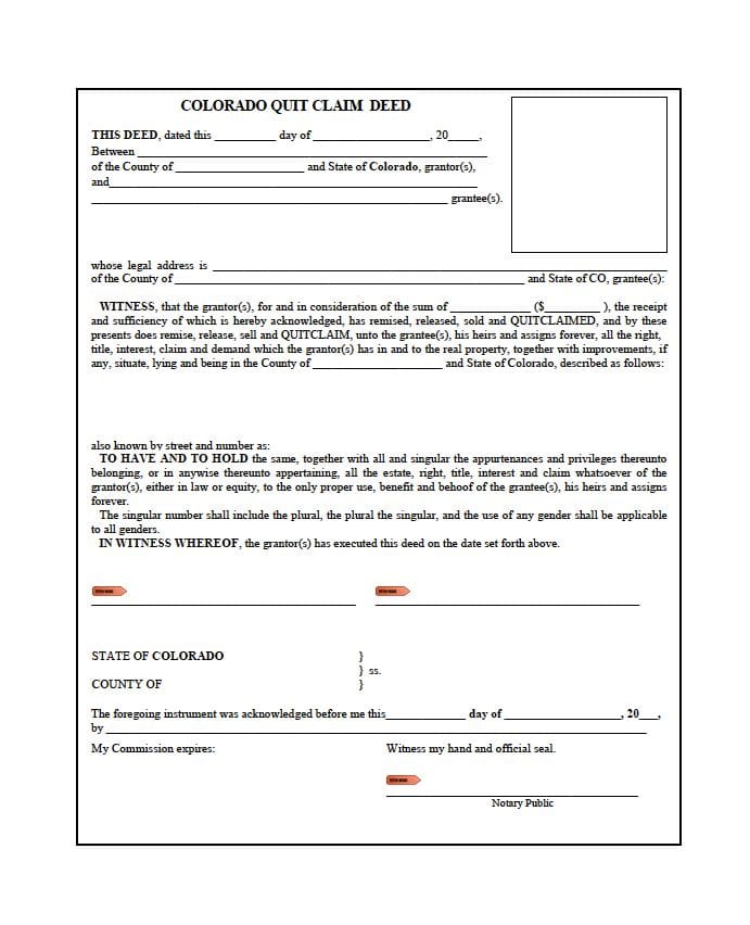 Colorado Quit Claim Deed Form And Filing Requirements