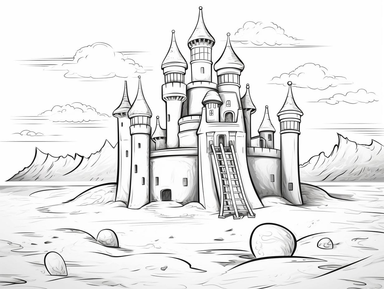 A fantasy sand castle coloring page with magical elements